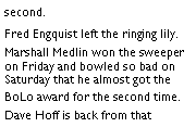 Text Box: second. Fred Engquist left the ringing lily. Marshall Medlin won the sweeper on Friday and bowled so bad on Saturday that he almost got the BoLo award for the second time. Dave Hoff is back from that 