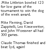 Text Box: .Mike Littleton bowled 123 for low game of the tournament to win the dog of the week award. Mike Fleming, David Zappitelli, Leo Kiesewetter, and John Woessner all had 300 games.  Claude Thomas finished and beat Syd, again! 