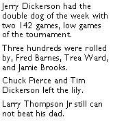 Text Box: Jerry Dickerson had the double dog of the week with two 142 games, low games of the tournament. Three hundreds were rolled by, Fred Barnes, Trea Ward, and Jamie Brooks. Chuck Pierce and Tim Dickerson left the lily. Larry Thompson Jr still can not beat his dad. 