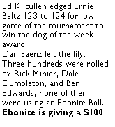 Text Box: Ed Kilcullen edged Ernie Beltz 123 to 124 for low game of the tournament to win the dog of the week award. Dan Saenz left the lily. Three hundreds were rolled by Rick Minier, Dale Dumbleton, and Ben Edwards, none of them were using an Ebonite Ball. Ebonite is giving a $100 