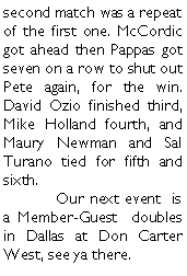 Text Box: second match was a repeat of the first one. McCordic got ahead then Pappas got seven on a row to shut out Pete again, for the win. David Ozio finished third, Mike Holland fourth, and Maury Newman and Sal Turano tied for fifth and sixth. 	Our next event  is a Member-Guest  doubles in Dallas at Don Carter West, see ya there.	