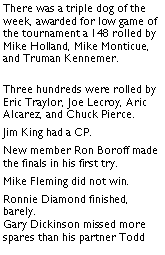 Text Box: There was a triple dog of the week, awarded for low game of the tournament a 148 rolled by Mike Holland, Mike Monticue, and Truman Kennemer. Three hundreds were rolled by Eric Traylor, Joe Lecroy, Aric Alcarez, and Chuck Pierce. Jim King had a CP. New member Ron Boroff made the finals in his first try. Mike Fleming did not win. Ronnie Diamond finished, barely. Gary Dickinson missed more spares than his partner Todd 
