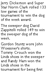 Text Box: Jerry Dickerson and Super Star Norm Clark rolled 133 low games of the tournament to win the dog of the week award.The sweeper dog David Zappitelli rolled 149 to win the sweeper dog of the week. Gordon Stuntz wore John Woessners shirts. Tommy Crouch won the Linds shoes in the sweeper and Randy Ham won the Linds shoes in the tournament for being first 