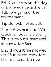 Text Box: Ed Kilcullen won the dog of the week award with 128 low game of the tournament. Tip Bullock rolled 300. Stan Workman and Win Cockrell both left the lily. This is two tournaments in a row for Stan. David Rountree showed up 45 minutes early for the first squad, a new 