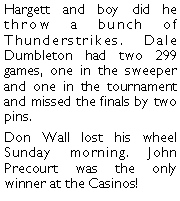 Text Box: Hargett and boy did he throw a bunch of Thunderstrikes. Dale Dumbleton had two 299 games, one in the sweeper and one in the tournament and missed the finals by two pins. Don Wall lost his wheel Sunday morning. John Precourt was the only winner at the Casinos!