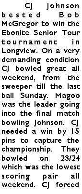 Text Box: 	CJ Johnson bested Bob McGregor to win the Ebonite Senior Tour tournament in Longview. On a very demanding condition CJ bowled great all weekend, from the sweeper till the last ball Sunday. Magoo was the leader going into the final match bowling Johnson. CJ needed a win by 15 pins to capture the championship. They bowled on 23/24 which was the lowest scoring pair all weekend. CJ forced 