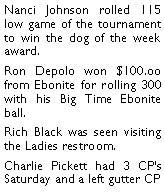 Text Box: Nanci Johnson rolled 115 low game of the tournament to win the dog of the week award.  Ron Depolo won $100.oo from Ebonite for rolling 300 with his Big Time Ebonite ball. Rich Black was seen visiting the Ladies restroom.  Charlie Pickett had 3 CPs Saturday and a left gutter CP 