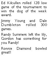 Text Box: Ed Kilcullen rolled 128 low game of the tournament to win the dog of the week award.  Jimmy Young and Dale Dumbleton rolled 300 games. Randy Summers left the lily, Gordon has something for you Randy! Ronnie Diamond bowled great!! 