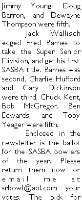 Text Box: Jimmy Young, Doug Barron, and Dewayne Thompson were fifth. 	Jack Wallisch edged Fred Barnes to take the Super Senior Division, and get his first SASBA title. Barnes was second, Charlie Hufford and Gary Dickinson were third, Chuck Kent, Bob McGregor, Ben  Edwards, and Toby Yeager were fifth. 	Enclosed in the newsletter is the ballot for the SASBA bowlers of the year. Please return them now or email me at srbowl@aol.com your votes. The pick for 
