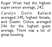 Text Box: Roger West had the highest super senior average, 242. Carolyn Dorin Ballard averaged 245, highest female, and Dustin Ochoa averaged 246 for the highest guest average. There was a lot of great bowling. 