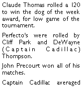 Text Box: Claude Thomas rolled a 120 to win the dog of the week award, for low game of the tournament. Perfectos were rolled by Cliff Park and DeWayne (Captain Cadillac) Thompson. John Precourt won all of his matches. Captain Cadillac averaged 