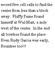 Text Box: record five cell calls to find the center from less than a block away.  Fluffy Paine found himself at Wal-Mart, a mile west of the center.  In the end all bowlers found the place.  Even Rudy Garcia was early, Rountree too!!! 