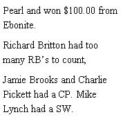 Text Box: Pearl and won $100.00 from Ebonite. Richard Britton had too many RBs to count, Jamie Brooks and Charlie Pickett had a CP. Mike Lynch had a SW. 