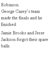 Text Box: Robinson. George Caseys team made the finals and he finished. Jamie Brooks and Jesse Jackson forgot their spare balls. 