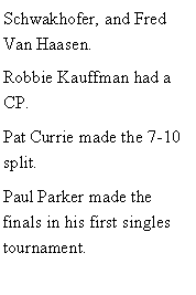Text Box: Schwakhofer, and Fred Van Haasen.  Robbie Kauffman had a CP. Pat Currie made the 7-10 split. Paul Parker made the finals in his first singles tournament. 