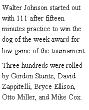 Text Box: Walter Johnson started out with 111 after fifteen minutes practice to win the dog of the week award for low game of the tournament. Three hundreds were rolled by Gordon Stuntz, David Zappitelli, Bryce Ellison, Otto Miller, and Mike Cox. 