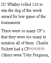 Text Box: JD Whitley rolled 126 to win the dog of the week award for low game of the tournament. There were so many CPs that they were too many to mention all of them. Charlie Pickett had a CP!!!!!!!!!!! Others were Toby Ferguson, 