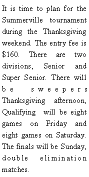 Text Box: It is time to plan for the Summerville tournament during the Thanksgiving weekend. The entry fee is $160. There are two divisions, Senior and Super Senior. There will be sweepers Thanksgiving afternoon, Qualifying  will be eight games on Friday and eight games on Saturday. The finals will be Sunday, double elimination matches. 