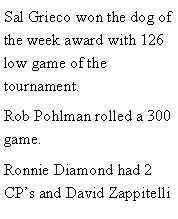 Text Box: Sal Grieco won the dog of the week award with 126 low game of the tournament. Rob Pohlman rolled a 300 game. Ronnie Diamond had 2 CPs and David Zappitelli 