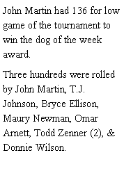 Text Box: John Martin had 136 for low game of the tournament to win the dog of the week award. Three hundreds were rolled by John Martin, T.J. Johnson, Bryce Ellison, Maury Newman, Omar Arnett, Todd Zenner (2), & Donnie Wilson.