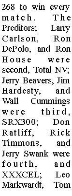 Text Box: 268 to win every match. The Preditors; Larry Carlson, Ron DePolo, and Ron House were second, Total NV; Jerry Beavers, Jim Hardesty, and Wall Cummings were third, SRX300; Don Ratliff, Rick Timmons, and Jerry Swank were fourth, and XXXCEL; Leo Markwardt, Tom 