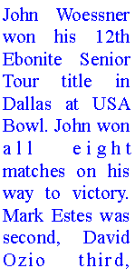 Text Box: John Woessner won his 12th Ebonite Senior Tour title in Dallas at USA Bowl. John won all eight matches on his way to victory. Mark Estes was second, David Ozio third, 