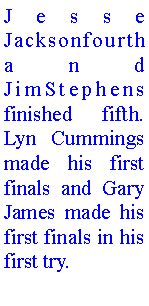 Text Box: Jesse Jacksonfourth and JimStephens finished fifth. Lyn Cummings made his first finals and Gary James made his first finals in his first try. 