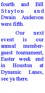 Text Box: fourth and Bill Stayton and Dwain Anderson were fifth. 	Our next event is our annual member-guest tournament, Easter week end in Houston at Dynamic Lanes, see ya there.