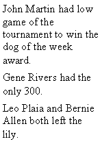 Text Box: John Martin had low game of the tournament to win the dog of the week award. Gene Rivers had the only 300.  Leo Plaia and Bernie Allen both left the lily. 