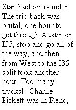 Text Box: Stan had over-under. The trip back was brutal, one hour to get through Austin on I35, stop and go all of the way, and then from West to the I35 split took another hour. Too many trucks!! Charlie Pickett was in Reno, 