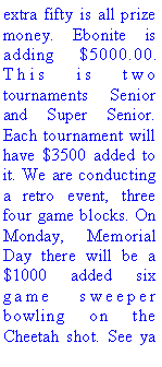 Text Box: extra fifty is all prize money. Ebonite is adding $5000.00. This is two tournaments Senior and Super Senior. Each tournament will have $3500 added to it. We are conducting a retro event, three four game blocks. On Monday, Memorial Day there will be a $1000 added six game sweeper bowling on the Cheetah shot. See ya 