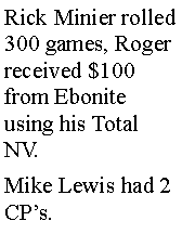 Text Box: Rick Minier rolled 300 games, Roger received $100 from Ebonite using his Total NV. Mike Lewis had 2 CPs. 
