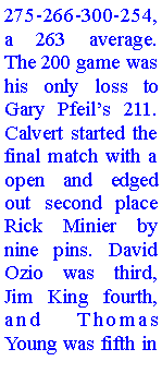 Text Box: 275-266-300-254, a 263 average. The 200 game was his only loss to Gary Pfeils 211. Calvert started the final match with a open and edged out second place Rick Minier by nine pins. David Ozio was third, Jim King fourth, and Thomas Young was fifth in 