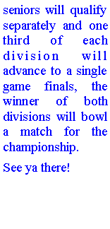 Text Box: seniors will qualify separately and one third of each division will advance to a single game finals, the winner of both divisions will bowl a match for the championship.See ya there!