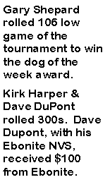 Text Box: Gary Shepard rolled 106 low game of the tournament to win the dog of the week award. Kirk Harper & Dave DuPont rolled 300s.  Dave Dupont, with his Ebonite NVS, received $100 from Ebonite. 