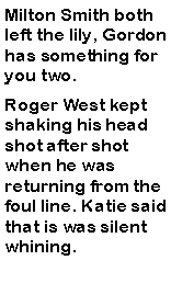 Text Box: Milton Smith both left the lily, Gordon has something for you two. Roger West kept shaking his head shot after shot when he was returning from the foul line. Katie said that is was silent whining. 