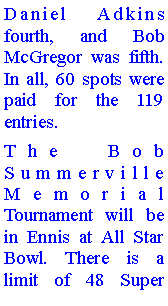 Text Box: Daniel Adkins fourth, and Bob McGregor was fifth. In all, 60 spots were paid for the 119 entries.The Bob Summerville Memorial Tournament will be in Ennis at All Star Bowl. There is a limit of 48 Super 