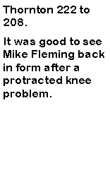 Text Box: Thornton 222 to 208. It was good to see Mike Fleming back in form after a protracted knee problem. 