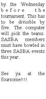 Text Box: by the Wednesday before the tournament. This has to be divisible by five. The computer will pick the teams. SASBA members must have bowled in three SASBA events this year. See ya at the foursome!!!!