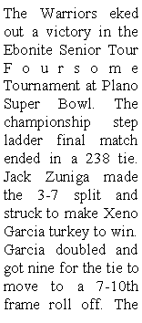 Text Box: The Warriors eked out a victory in the Ebonite Senior Tour Foursome Tournament at Plano Super Bowl. The championship step ladder final match ended in a 238 tie. Jack Zuniga made the 3-7 split and struck to make Xeno Garcia turkey to win. Garcia doubled and got nine for the tie to move to a 7-10th frame roll off. The 
