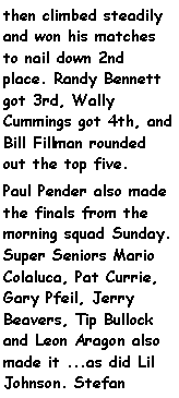 Text Box: then climbed steadily and won his matches to nail down 2nd place. Randy Bennett got 3rd, Wally Cummings got 4th, and Bill Fillman rounded out the top five.Paul Pender also made the finals from the morning squad Sunday. Super Seniors Mario Colaluca, Pat Currie, Gary Pfeil, Jerry Beavers, Tip Bullock and Leon Aragon also made it ...as did Lil Johnson. Stefan 