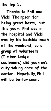 Text Box: the top 5.    Thanks to Phil and Vicki Thompson for being great hosts, but this year, Phil was in the hospital and Vicki was by his bedside much of the weekend, so a group of volunteers (Timber Lodge customers) did yeomans duty taking care of the center. Hopefully,Phil will be better soon.