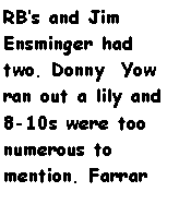 Text Box: RBs and Jim Ensminger had two. Donny  Yow ran out a lily and 8-10s were too numerous to mention. Farrar 