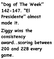 Text Box: Dog of The Week 142-147. El Presidente almost made it. Ziggy wins the consistency award..scoring between 200 and 228 every game.