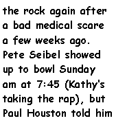 Text Box: the rock again after a bad medical scare a few weeks ago. Pete Seibel showed up to bowl Sunday am at 7:45 (Kathys taking the rap), but Paul Houston told him 
