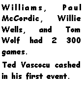 Text Box: Williams, Paul McCordic, Willie Wells, and Tom Wolf had 2 300 games. Ted Vascocu cashed in his first event. 
