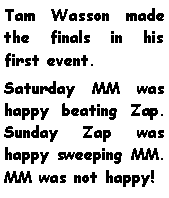 Text Box: Tam Wasson made the finals in his first event. Saturday MM was happy beating Zap. Sunday Zap was happy sweeping MM. MM was not happy! 