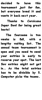 Text Box: decided to have this tournament just for fun, but everyone loved it and wants it back next year.     Thanks to Corsicana Super Bowl for being great hosts!    The foursome in two weeks is full, with a lengthy waiting list. The annual team tournament is open and you need to send your entries in early to reserve your spot. The last few entries might not get in.. As the total entries has to be divisible by 5. Computer picks the teams.