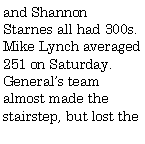 Text Box: and Shannon Starnes all had 300s. Mike Lynch averaged 251 on Saturday. Generals team almost made the stairstep, but lost the 