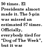 Text Box: 50 times. El Presidente almost made it. The 5-pin was missed an estimated 87 times. Officially, everybody tied for Dog of The Week, but it was 